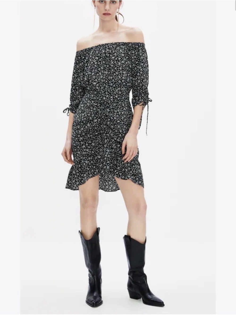 Zara Black Off-Shoulder Mini Dress with White Floral Print